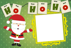 Papai Noel, plaquinhas com frase 'Ho Ho Ho', moldura quadrada amarela, fundo verde.