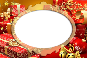 Presentes Natal vermelhos, moldura oval.
