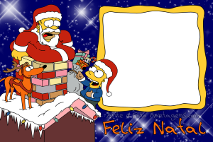 bart e Homer Simpson, presentes, moldura retangular amarela, fundo azul.