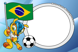 Mascote Fuleco Copa Brasil, moldura campo futebol, verde e amarelo.