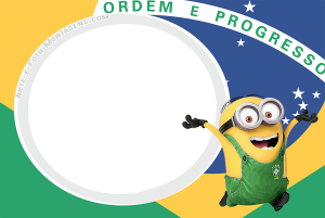 Minion com camisa Brasil, moldura campo futebol, verde e amarelo.