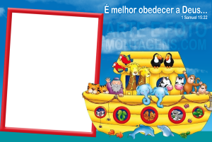 Animais na Arca de Noé, fundo mar céu.