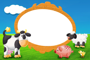 Animais da fazenda (vaca, porco, ovelha), fundo pasto céu.