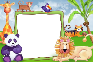 Animais da floresta (urso, leao, girafa, macaco, tucano, tigre), fundo floresta árvores.