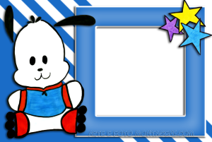 Cachorrinho, estrelas coloridas, fundo azul listrado.