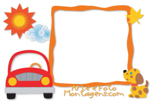Cachorrinho, carro, sol, moldura laranja, fundo branco.