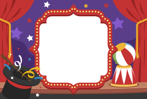 Mágico palco circo, cartola, cortina vermelha.