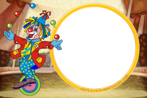 Palhaço monociclo, tenda circo, moldura amarela.