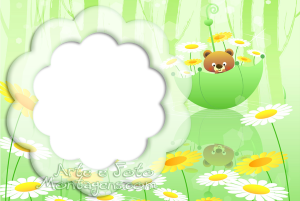 Ursinho com girassóis, fundo verde.