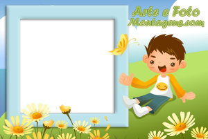Menino sentado na grama, flores, fundo jardim florido.