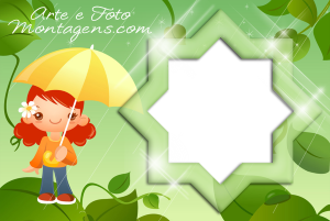 Menina com guarda-chuva amarelo, chuva, moldura verde.