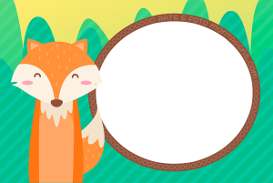 Raposa laranja, floresta, moldura marrom, fundo verde e amarelo.