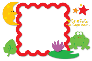 Sapo na lua, estrelas, moldura vermelha, fundo branco.