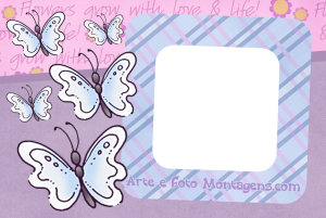Borboletas estilo scrapbook, moldura azul, fundo lilas e rosa.