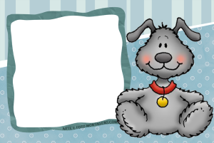 Cachorrinho, fundo azul claro estilo scrapbook.