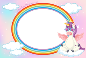 Unicórnio meditando, moldura de arco-íris, nuvens, fundo de ceu rosa.
