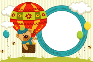 Ursinho marrom em um balão, moldura azul, fundo bege listrado.