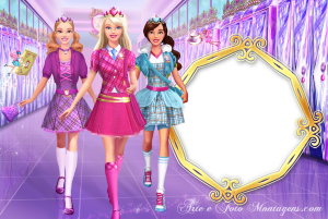 Barbie e duas amigas, corredor de escola lilás, moldura dourada ornamentada.
