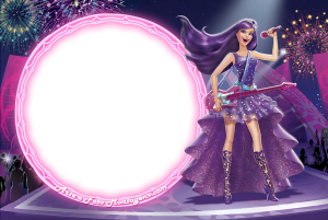 Barbie cantora, vestido e cabelo roxo, guitarra rosa, palco, fogos, moldura redonda rosa claro.