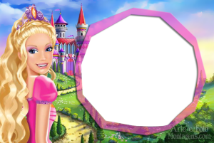 Barbie, vestidos rosa pink, moldura rosa, fundo com castelo e paisagem.