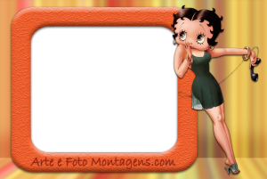 Betty Boop, telefone antigo, moldura retangular laranja texturizada, fundo listrado laranja e amarelo.