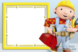 Bob o Construtor, capacete amarelo, caixa ferramentas vermelha, moldura amarela quadrada, fundo azul claro.