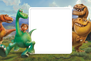 Arlo, Spot e dinossauros de O Bom Dinossauro, paisagem pré-histórica, moldura retangular branca cantos arredondados.