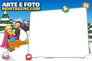 Pinguins Club Penguin, puffles, fundo cenário inverno,  moldura retangular branca grande.