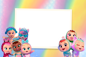 Bonecas Cry Babies Magic Tears com fantasias de animais, moldura retangular bege, fundo colorido pastel.