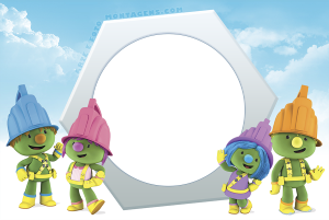 Quatro Doozers construtores verdes, capacetes coloridos, moldura hexagonal branca, fundo céu azul nuvens.