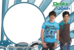 Drake e Josh sorrindo, moldura circular branca borda azul, fundo azul com logo Drake & Josh.