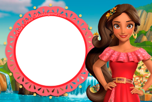 Princesa Elena de Avalor vestido vermelho, flores cabelo, moldura circular borda rosa recortada, fundo cachoeira e ceu azul.