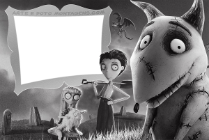 Personagens Frankenweenie preto e branco, cemitério, moldura cinza.