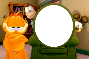 Gato Garfield braços cruzados, Jon e Odie atrás poltrona verde, moldura encosto poltrona.