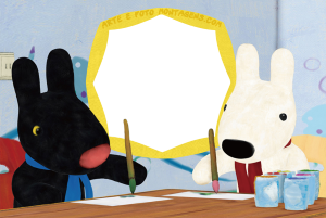 Coelhos Gaspar e Lisa desenhando pintando, moldura circular amarela, fundo azul com desenhos.