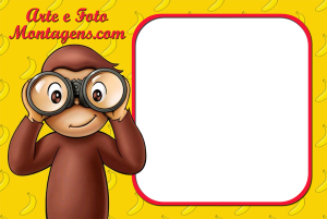 Macaco George o Curioso com binóculo, moldura fina retangular vermelha cantos arredondados, fundo amarelo com bananas.