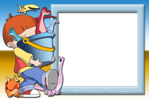 Menino Harry, balde azul com dinossauros coloridos, moldura retangular  azul.