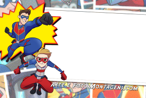 Capitão Man e Kid Danger Henry Danger, poses ação, moldura retangular borda branca, fundo quadrinhos.