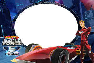 Piloto Vert Wheeler, carro Saber Hot Wheels Battle Force 5, moldura oval preta borda azul, fundo cidade futurista azul noite.