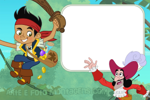 Jake Piratas Terra do Nunca, Capitão Gancho, moldura fina bege cantos arredondados, fundo selva.
