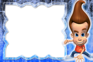 Jimmy Neutron pose ação, sorriso confiante, moldura transparente, fundo azul escuro com brilhos.