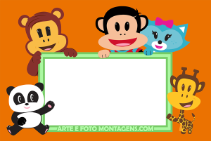 Macaco Julius Jr e amigos animais, placa verde retangular, fundo laranja.