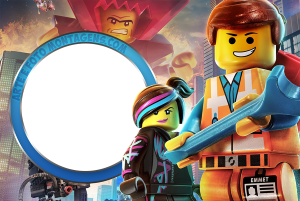 Emmet, Megaestilo, Senhor Negócios Uma Aventura LEGO, moldura circular azul borda prateada, fundo cidade LEGO.