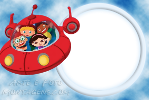 Crianças Little Einsteins na nave Rocket voando, moldura circular clara borda branca, fundo céu azul com nuvens.
