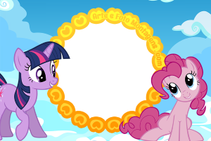 Twilight Sparkle e Pinkie Pie My Little Pony, moldura amarela formato flor, fundo céu azul nuvens.