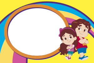 Youtubers Maria Clara e JP, moldura laranja oval, fundo amarelo com arcos azul e rosa.