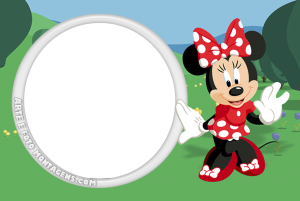 Minnie Mouse vestido vermelho de poá branco, moldura circular branca borda, fundo de paisagem de campo.