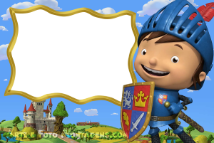 Mike o Cavaleiro, armadura azul, escudo, espada, moldura dourada, fundo castelo medieval e céu azul.