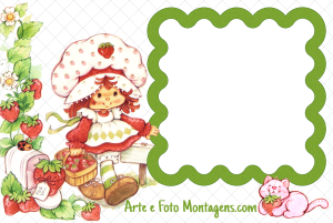 Moranguinho clássica, cesta morangos, gato Mostarda, moldura verde borda ondulada, fundo branco morangos flores.