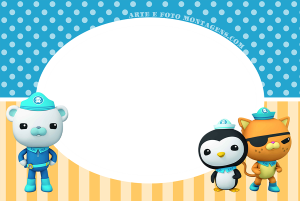 Capitão Polar, Kwazii, Pepe Octonautas, moldura oval branca, fundo listrado amarelo e azul poá.
